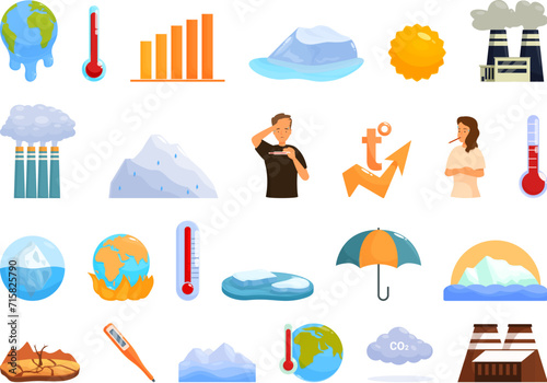 Raised temperature icons set cartoon vector. Global warming. Climate weather