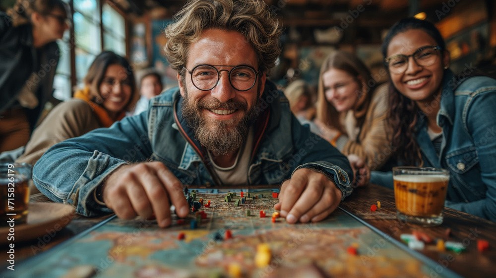 Fototapeta premium A group of friends playing board games at home. portrait of a young man wearing glasses while playing board games