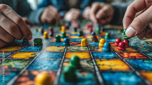 Close-up of a group of friends playing board games at home photo