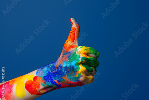 Vibrant Colors of Creativity: Painted Hand Thumbs Up, with solid blue background