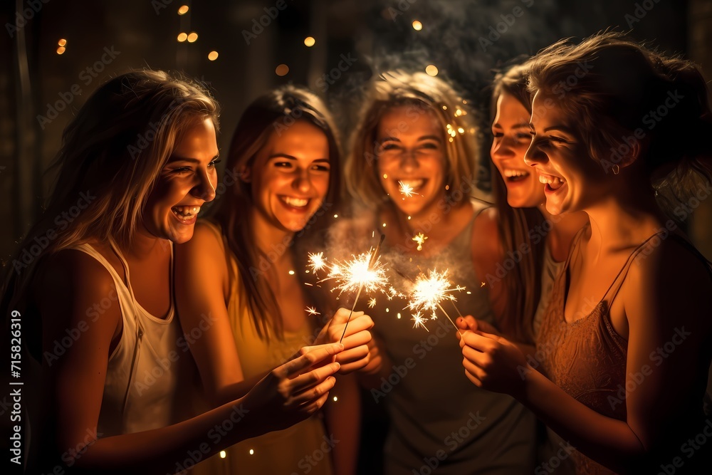 A group of friends huddled together, holding sparklers and creating a dazzling display of light for a birthday celebration.