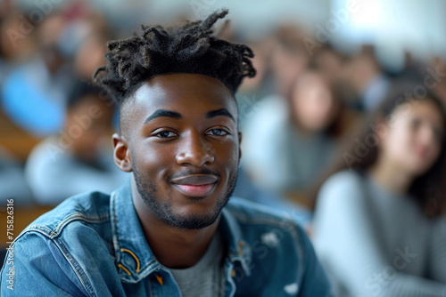 Joyful Black student engaged in a lecture, beams at the camera amidst a classroom's blurred backdrop. Radiates enthusiasm for university education.