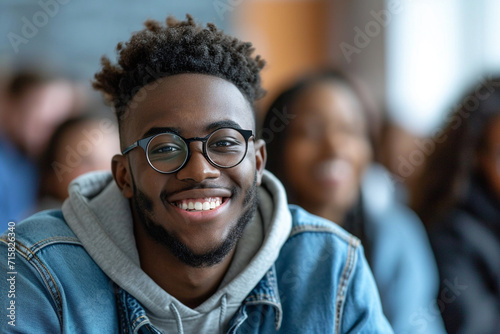 Joyful Black student engaged in a lecture, beams at the camera amidst a classroom's blurred backdrop. Radiates enthusiasm for university education. © Thiyanga