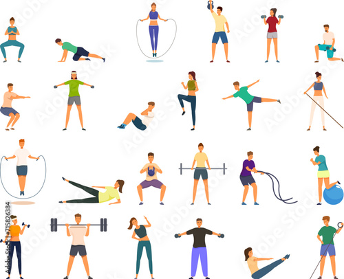 Fat burning workout icons set cartoon vector. Jump exercise. Tuck running loss