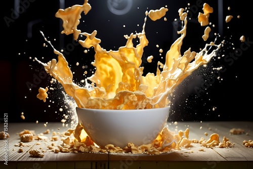 A splash of milk colliding with a bowl of cornflakes  capturing the energy of breakfast time.