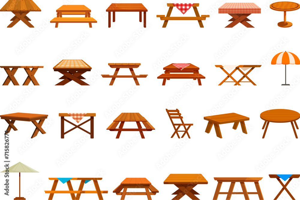 Wooden table picnic icons set cartoon vector. Empty garden. Park terrace - obrazy, fototapety, plakaty 