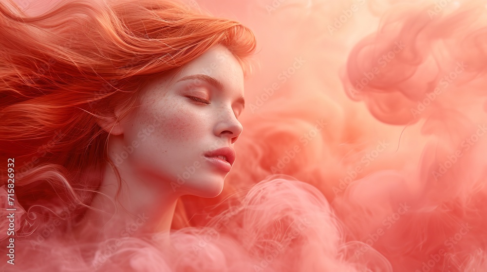 Unrealistic picture of a woman with long, flowing red hair in a pink smoky backdrop, Generative AI.