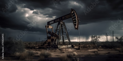 Oil well. Petroleum production. Oil drilling derricks at desert oilfield. Generative AI. Industry drill platform. Crude oil production from the ground. photo