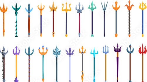 Trident staffs icons set cartoon vector. Greek mythology. Golden weapon