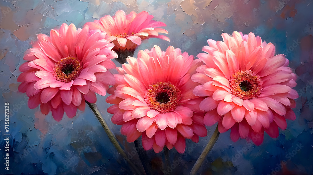 Pink gerbera flowers on a blue background. Ai generated. Pink gerbera flowers on a blue background. Ai generated.