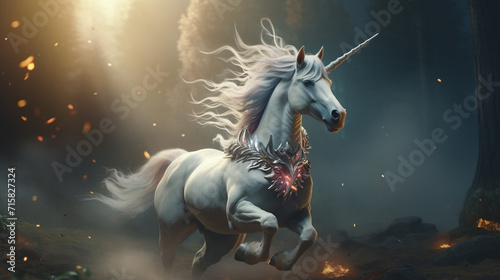 side view of a unicorn running, cinematic scene, profile view of unicorn created with Generative Ai