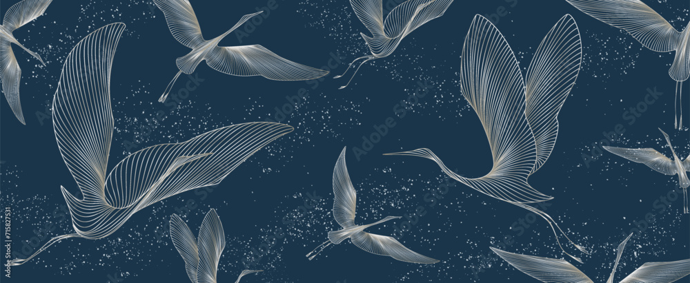Fototapeta Luxury dark blue art background with crane birds in white line art style. Abstract animalistic banner for wallpaper, decor, print, textile, packaging, interior design.