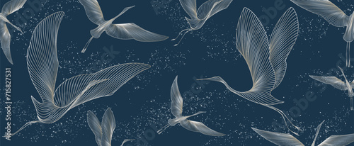 Luxury dark blue art background with crane birds in white line art style. Abstract animalistic banner for wallpaper, decor, print, textile, packaging, interior design. photo