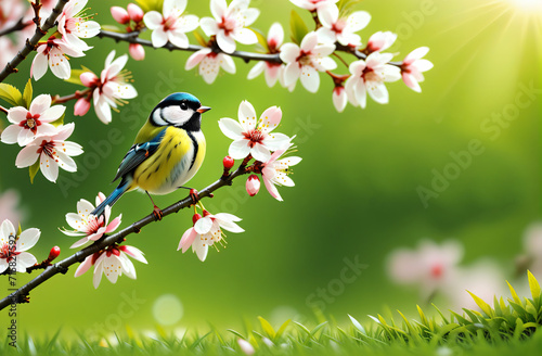 spring day, cherry blossom branch, tit sitting on a blossoming branch