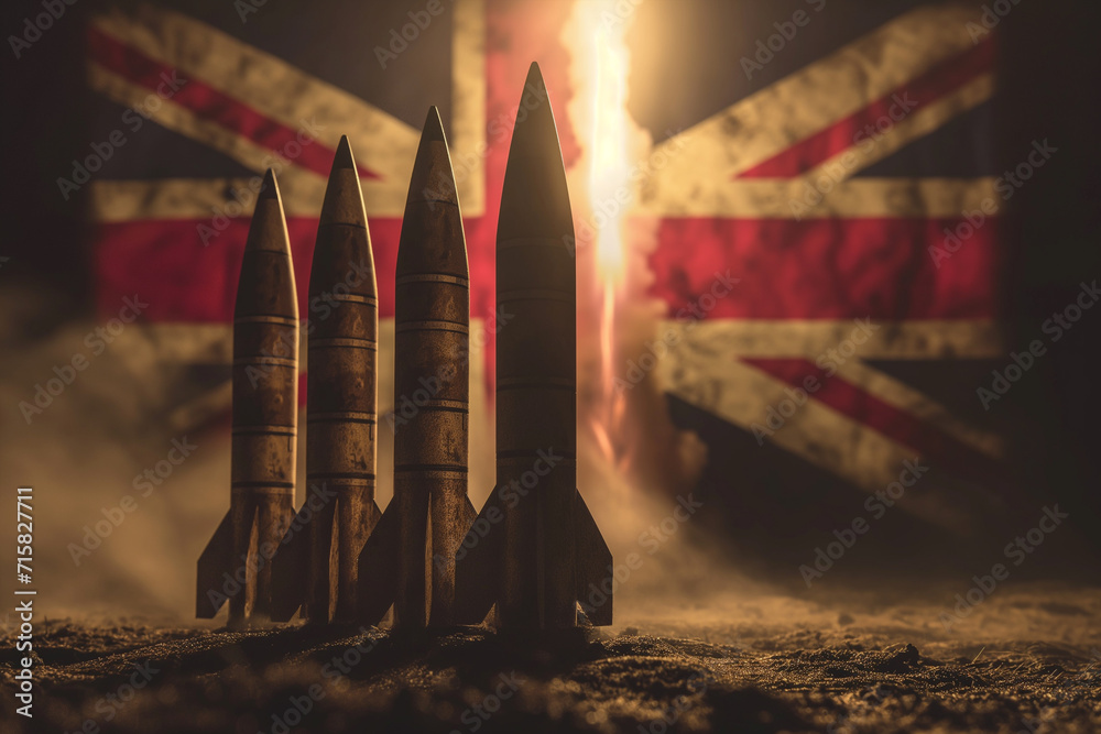 Silhouettes of rockets against the background of the UK flag - obrazy, fototapety, plakaty 