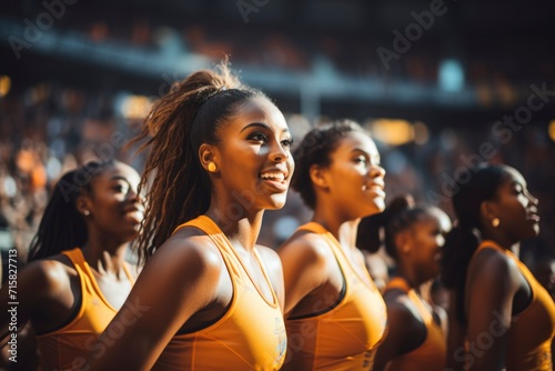 Cheerleading team in orange uniform excitedly supporting their team at a basketball game. photo