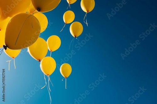 yellow air balloons on a blue background, representing the concept of flying and reaching for the sky. Generative AI