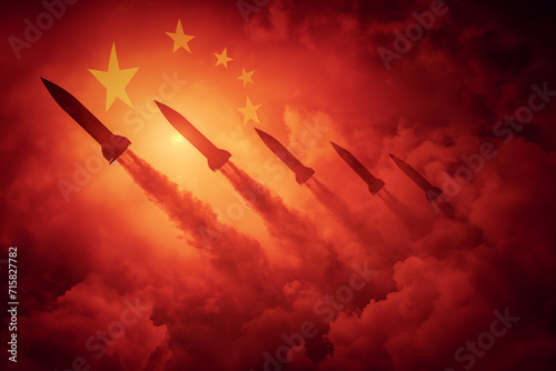 Rockets silhouettes background China flag photo