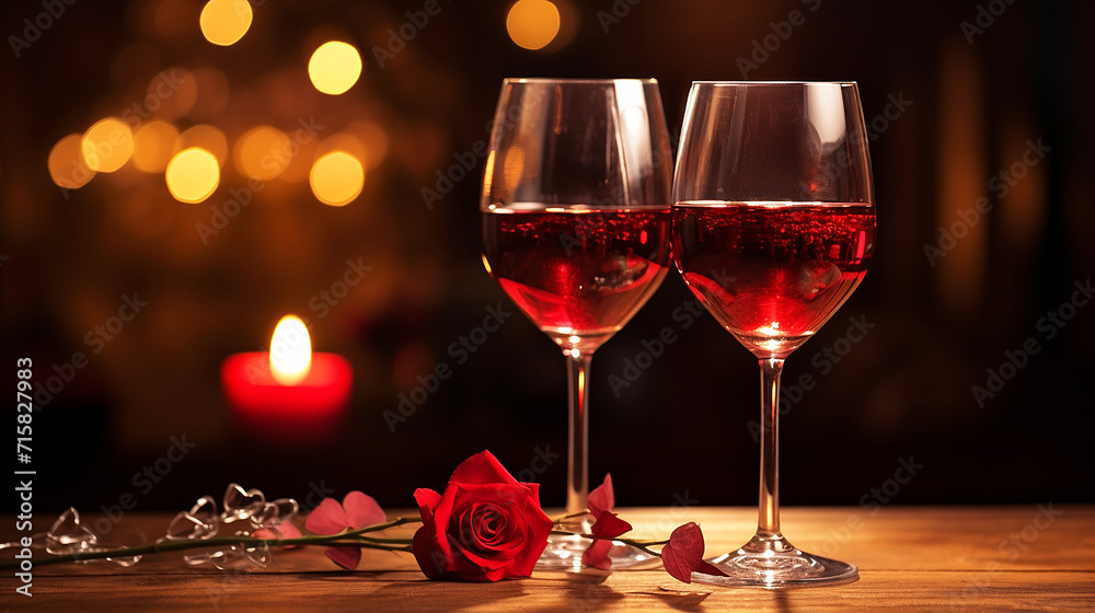 Two glasses of red wine on a wooden restaurant table with candles and red rose petals, romantic valentines day dinner date love and passion Two glasses of red wine on a wooden restaurant table with candles and red rose petals, romantic valentines day dinner date love and passion