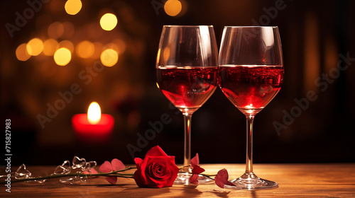 Two glasses of red wine on a wooden restaurant table with candles and red rose petals, romantic valentines day dinner date love and passion