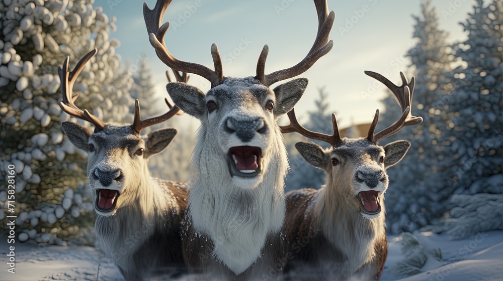 Three reindeer with majestic antlers stand in a snowy forest, with a sense of curiosity and alertness in their expressions. Three reindeer with majestic antlers stand in a snowy forest, with a sense of curiosity and alertness in their expressions.