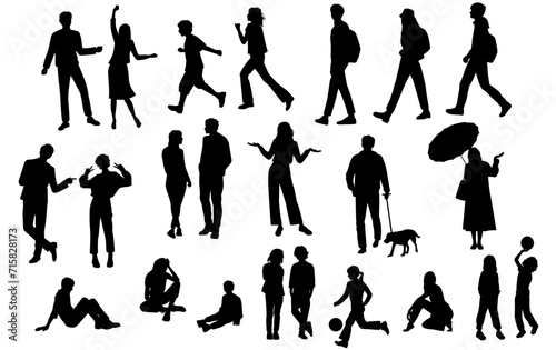 Silhouettes men, women, teenagers and children standing, walking, sitting, with dog, black color, vector, group rest people, students, design concept of flat icon, isolated on white background