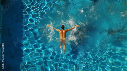 Young man swimming in a pool  aerial view from above
