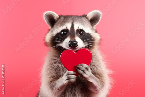 Cute happy raccoon smiling and holding a red heart, Valentines day background, Looking for girlfriend, Isolated on a rad studio background, Isolated on red background, Love concept © evgenii