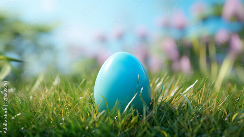 One pastel colored easter eggs on a grass background 