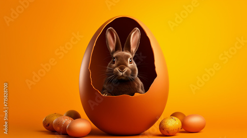 A whole chocolate easter egg with bunny inside on an isolated Orange background 