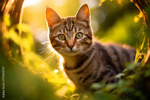 Little tabby gray kitten sitting among a beautiful green meadow is happily looking around. Cute cat walking outdoors. Soft focus. Striped Feline with funny face. Summer sundown light © evgenii