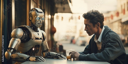 A man and a robot are talking at a table in a cafe, the concept of human-robot relationships © Роман Варнава