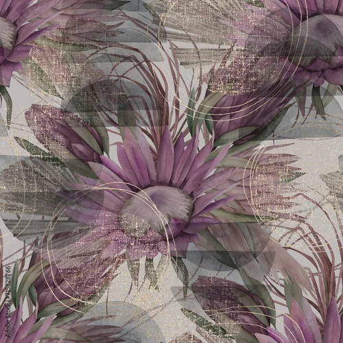 Obraz Watercolor seamless pattern. Vintage print with  palm branches, protea and golden shapes. Hand drawn illustration