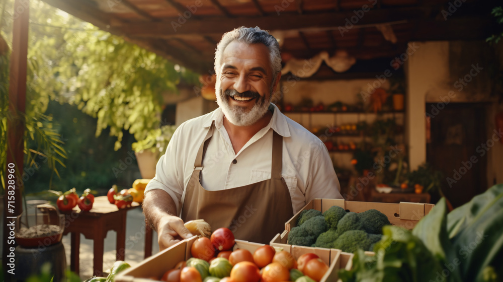 Fototapeta premium Portrait of smiling senior man holding box full of fresh vegetables.