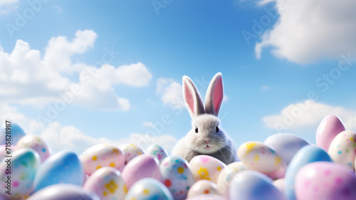 One pastel colored easter eggs and bunny ears on a blue sky with cloud background 