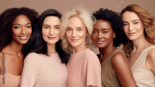 A multicultural, diverse group of women. Different skin types, hair, age. Body positive. Natural beauty.