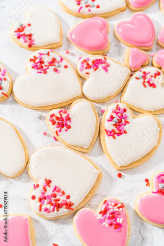 Heart-shaped sugar cookies with royal icing