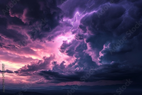 A thunderstorm scene with neon violet veins in the clouds,