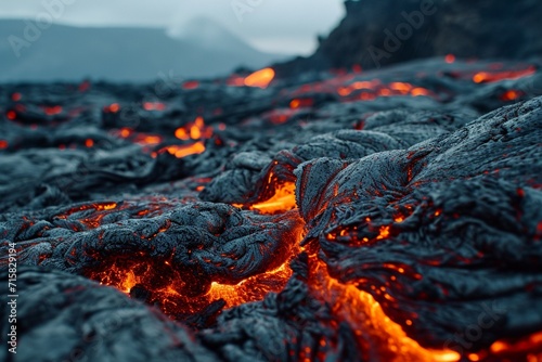 A volcanic landscape with neon gray veins through the lava and rocks,