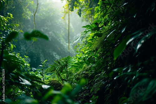 A dense jungle with neon lime green veins in the foliage 