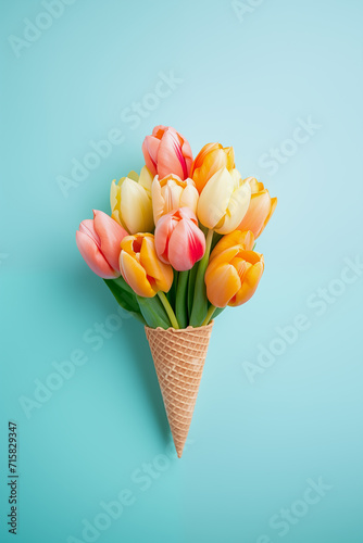 A bouquet of flowers in a waffle cone. Creative idea. Party, bachelorette party. Birthday holiday concept. Valentine's day, women's day. © Valentina Shilkina