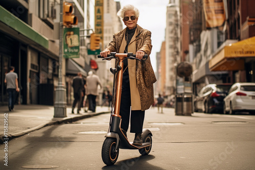 grandmother rides standing on an electric scooter