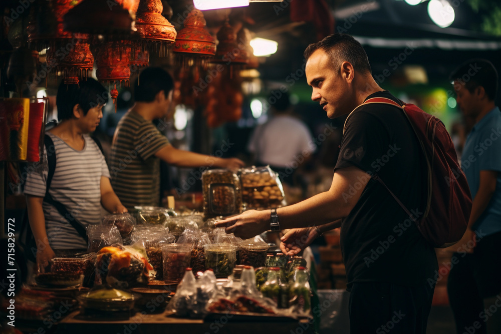 a tourist buys food at a market in Asia a tourist buys food at a market in Asia