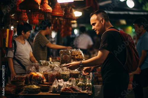 a tourist buys food at a market in Asia