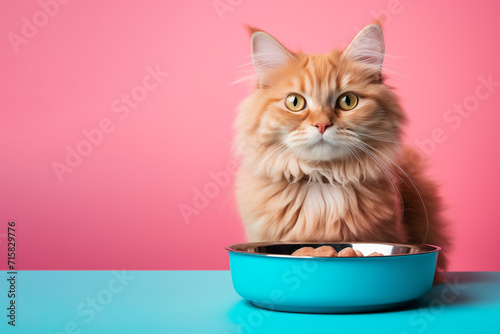 The cat eats food from a bowl. A large ginger cat sits near a light blue bowl with cat food on a pink studio background with copy space. Feeding the kitten. A hungry pet wants to eat. Pets