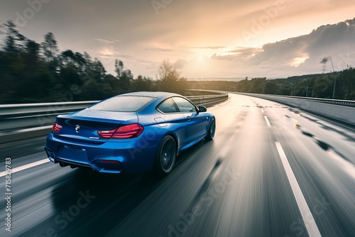 Experience the exhilaration of a high-speed journey as a blue business car races along a twisting highway © Silvana