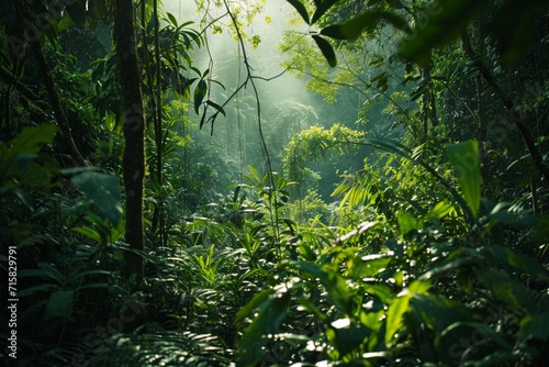 A dense jungle with neon lime green veins in the foliage 