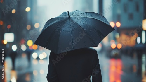 man in a suit with a black umbrella on a dark day in a congested city