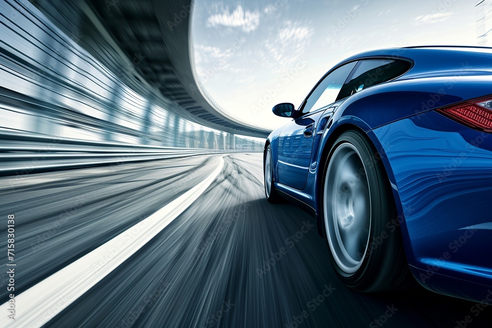 Experience the exhilaration of a high-speed journey as a blue business car races along a twisting highway - obrazy, fototapety, plakaty 