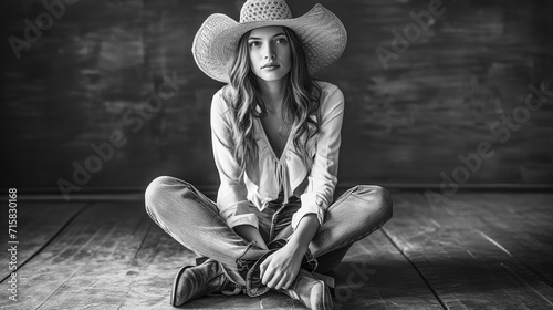 A black and white portrait of a young woman wearing cowboy attire on a dark background.